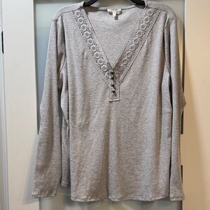 Maurices Heather Gray Lace V-Neck Long Sleeve Top